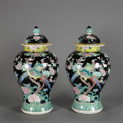 Lot 479 - Pair of Chinese Phoenix Decorated Black Ground...