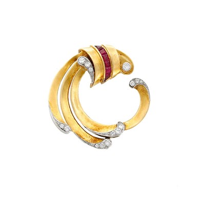 Lot 931 - Retro Gold, Platinum, Ruby and Diamond Clip, Tiffany & Co.