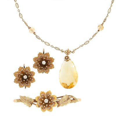 Lot 577 - Pair of Antique Gold and Diamond Flower Earrings and Bar Pin and Gold and Citrine Briolette Pendant-Necklace