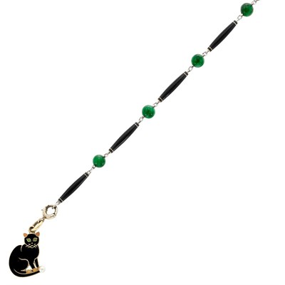 Lot 429 - Art Deco Platinum, Gold, Black Enamel, Jade Bead and Seed Pearl Charm Bracelet, Cartier