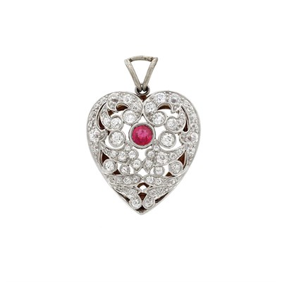 Lot 210 - Belle Epoque Platinum, Gold, Ruby and Diamond Heart Pendant-Brooch