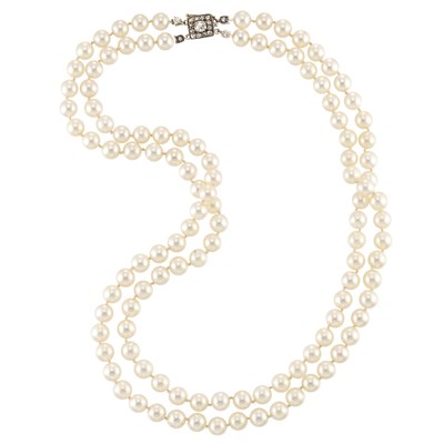 Lot 206 - Double Strand Cultured Pearl Necklace with Antique Silver, Gold and Diamond Clasp