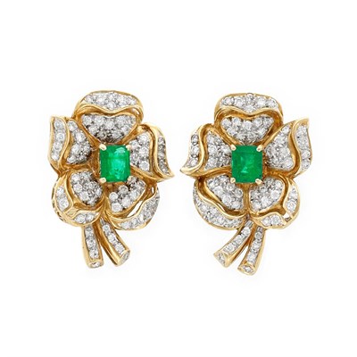 Lot 883 - Pair of Gold, Emerald and Diamond Flower Earrings
