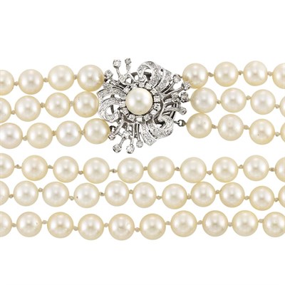 Lot 704 - Long Triple Strand Cultured Pearl Necklace with White Gold, Cultured Pearl and Diamond Clasp