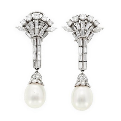 Lot 194 - Pair of Platinum, Diamond and Cultured Pearl Pendant-Earrings, France