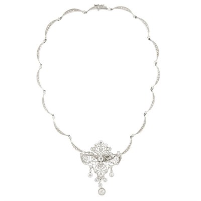 Lot 217 - Edwardian Platinum and Diamond Filigree Pendant-Brooch with White Gold and Diamond Necklace