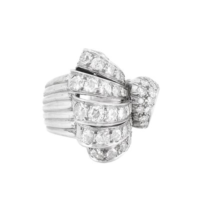 Lot 430 - Rhodium-Plated Gold and Diamond Scrolled Ribbon Ring