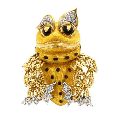 Lot 337 - Gold, Enamel and Diamond Frog Clip-Brooch