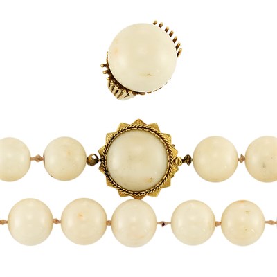 Lot 361 - Angel Skin Coral Bead Necklace and Ring