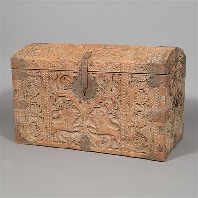 Lot 459 - Continental Iron Mounted Carved Pine Chest...