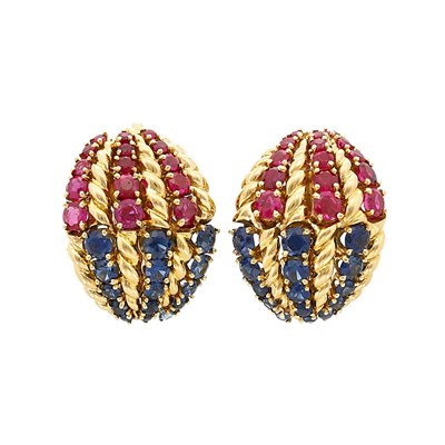 Lot 446 - Pair of Gold, Ruby and Sapphire Earclips, Tiffany & Co.