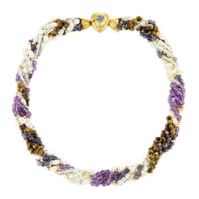 Lot 455 - Amethyst, Tiger's Eye, Iolite, Rock Crystal, Freshwater Pearl and Gold Bead Torsade Necklace