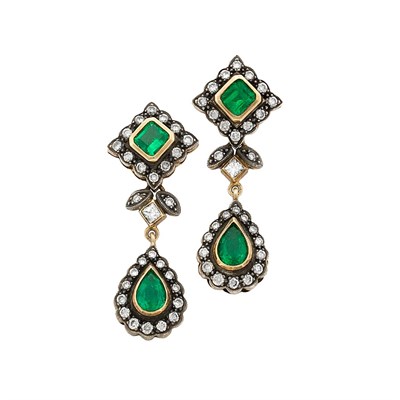 Lot 706 - Pair of Blackened Gold, Gold, Emerald and Diamond Pendant-Earrings