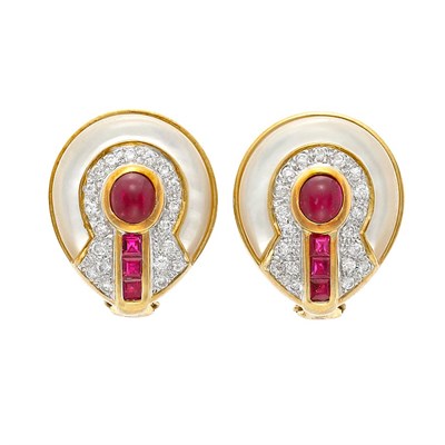 Lot 849 - Pair of Gold, Mother-of-Pearl, Ruby and Diamond Earclips