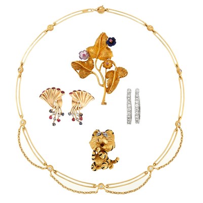 Lot 814 - Gold and Diamond Necklace, Chaumet, France, Group of Gold Jewelry and Pair of White Gold and Diamond Hoop Earrings