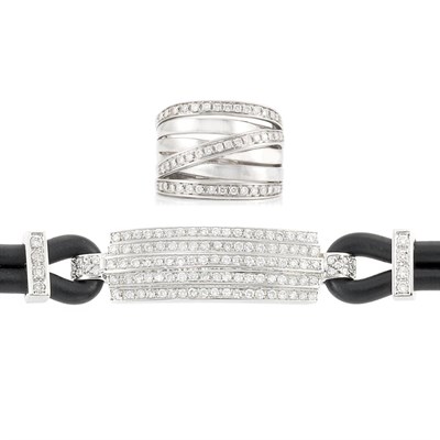 Lot 685 - White Gold, Diamond and Rubber Bracelet and Wide White Gold and Diamond Ring