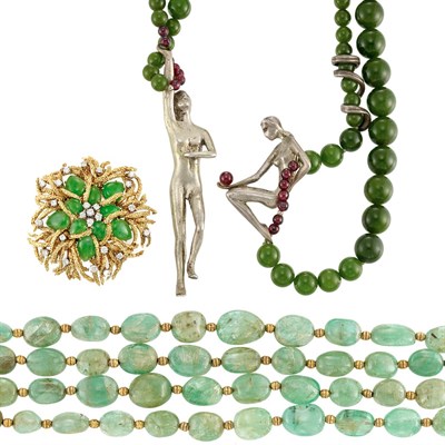 Lot 116 - Emerald and Gold Bead Necklace, Gold, Cabochon Emerald and Diamond Brooch and Nephrite Bead and Silver Necklace