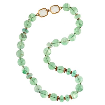 Lot 377 - Green Quartz Bead and Gold Necklace with Gold and Crystal Intaglio Clasp, Elizabeth Gage