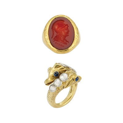 Lot 639 - Gold, Foiled-Back Diamond and Cabochon Sapphire Snake Ring, Elizabeth Gage, and Hammered Gold and Carnelian Intaglio Ring