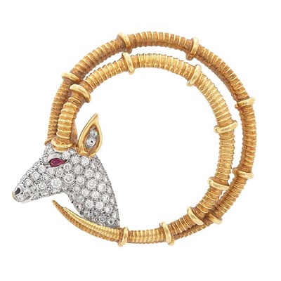 Lot 320 - Gold, Platinum, Diamond and Ruby 'Ibex' Brooch, Tiffany & Co., Schlumberger