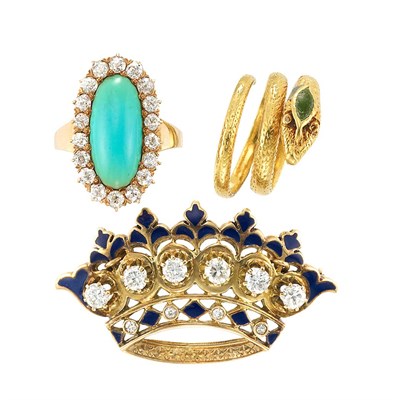 Lot 724 - Antique Gold, Turquoise and Diamond Ring and Serpent Ring and Gold, Diamond and Enamel Crown Brooch