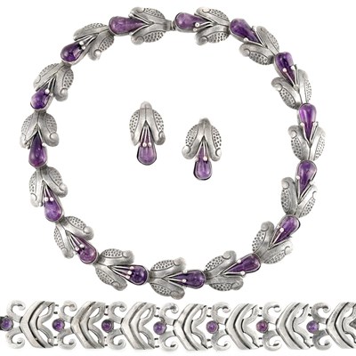 Lot 165 - Sterling Silver and Amethyst Necklace, Pair of Earclips and Bracelet