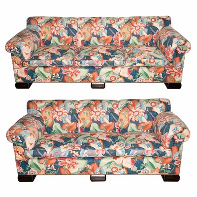 Lot 161 - Two Tobacco Leaf Upholstered Sofas Length of...