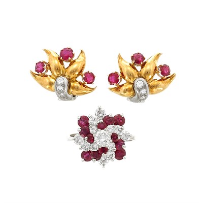 Lot 608 - White Gold, Diamond and Ruby Ring and Pair of Gold, Ruby and Diamond Earclips