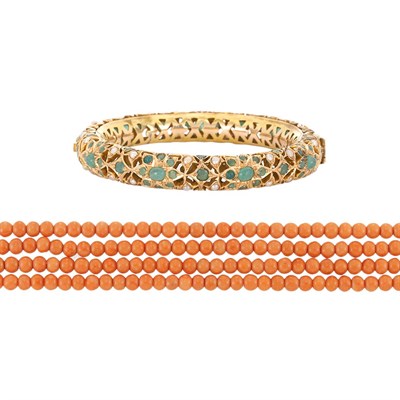 Lot 374 - Indian Gold, Emerald and Split Pearl Bangle Bracelet and Long Coral Bead Necklace