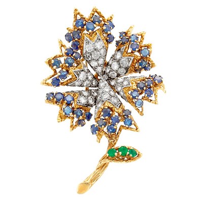 Lot 312 - Gold, Diamond, Sapphire and Emerald Flower Clip-Brooch, Tiffany & Co.