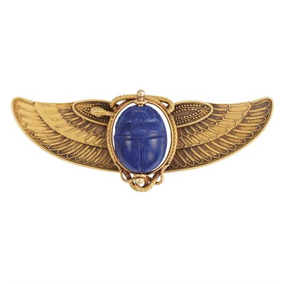 Lot 71 - Egyptian Revival Gold and Lapis Scarab Brooch