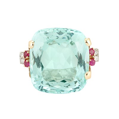 Lot 435 - Retro Rose Gold, Aquamarine, Ruby and Diamond Ring