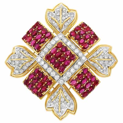 Lot 963 - Two-Color Gold, Ruby and Diamond Clip-Brooch