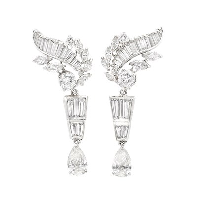 Lot 996 - Pair of Platinum and Diamond Pendant-Earrings