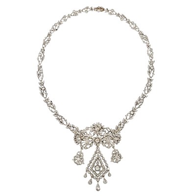 Lot 199 - Antique Silver, Gold, Foiled-Back Cognac Colored Diamond and Diamond Pendant-Brooch Necklace, France