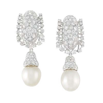 Lot 530 - Pair of Platinum, Diamond and Cultured Pearl Pendant-Earclips
