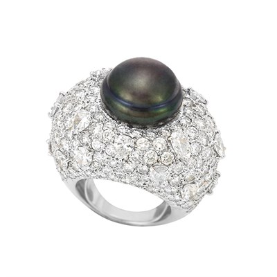 Lot 373 - Platinum, Semi-Baroque Black Cultured Pearl and Diamond Ring