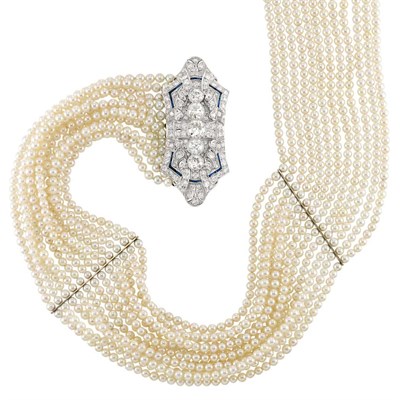 Lot 415 - Twelve Strand Cultured Pearl Necklace with Platinum, Diamond and Synthetic Sapphire Clasp