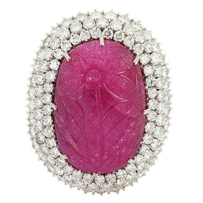 Lot 895 - Platinum, Carved Ruby and Diamond Ring
