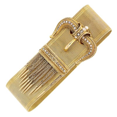 Lot 86 - Antique Gold Mesh and Split Pearl Slide Fringe Bracelet