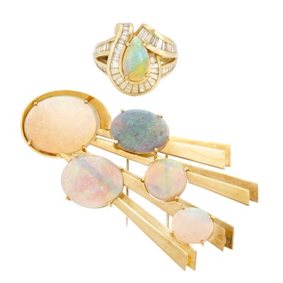 Lot 891 - Gold and Opal Clip-Brooch and Opal and Diamond Ring