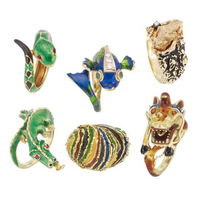 Lot 115 - Six Gold and Enamel Rings