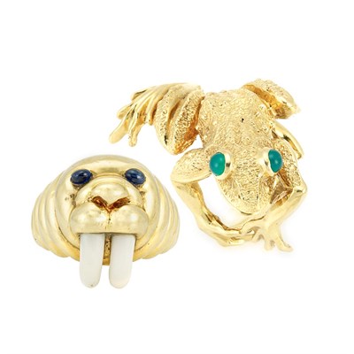 Lot 341 - Gold Frog Ring, Kurt Wayne, and Gold, White Onyx and Cabochon Sapphire Walrus Ring