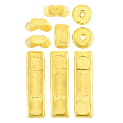 Lot 351 - Nine Chinese Gold Bars, Discs and Cups