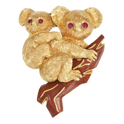 Lot 218 - Gold, Ruby and Enamel Koala Bear Clip-Brooch, Cartier, France