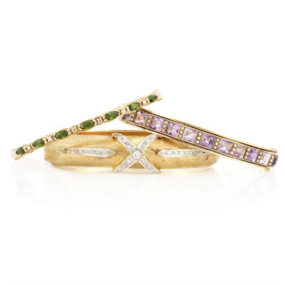 Lot 384 - Five Gold, Gem-Set and Diamond Bangle Bracelets and Pair of Low Karat Gold Bangles