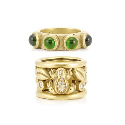 Lot 746 - Gold and Cabochon Green Garnet Ring and Wide Gold and Diamond Frog Band Ring, Barry Kieselstein-Cord