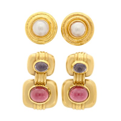 Lot 26 - Pair of Hammered Gold and Mabe Pearl Earclips, Elizabeth Locke, and Pair of Gold and Cabochon Gem-Set Earrings