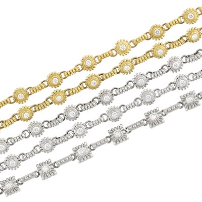 Lot 160 - Five White and Yellow Gold and Diamond Bracelets