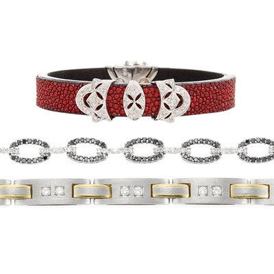 Lot 688 - Two-Color Gold and Diamond Bracelet, Diamond and Black Diamond Bracelet and Leather and Diamond Bracelet
